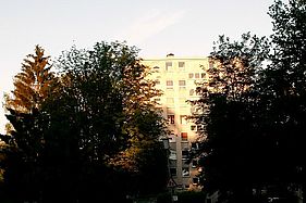 Das Bild zeigt ein Hochhaus zwischen Bäumen